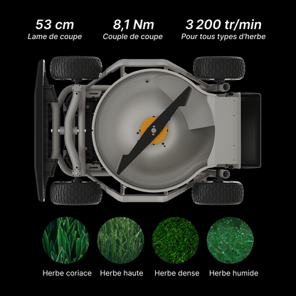 Mowrator S1 4WD – Tondeuse pour pentes jusqu’à 85 % avec broyage et aspiration des feuilles (roues larges)