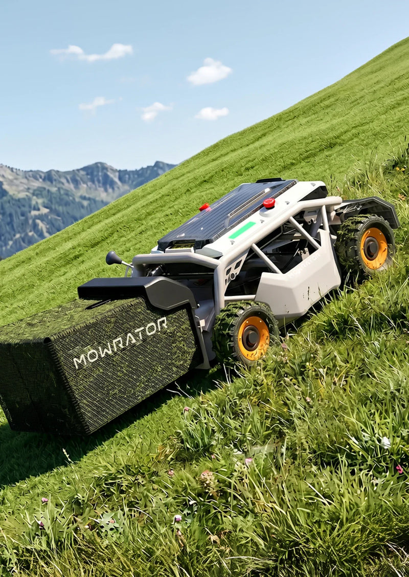 Mowrator S1 4WD – Tondeuse pour pentes jusqu’à 85 % avec broyage et aspiration des feuilles (roues larges)
