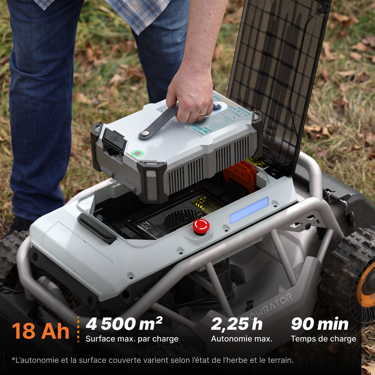 mowrator s1 4wd – tondeuse pour pentes jusqu’à 85 % avec broyage et aspiration des feuilles (roues larges)